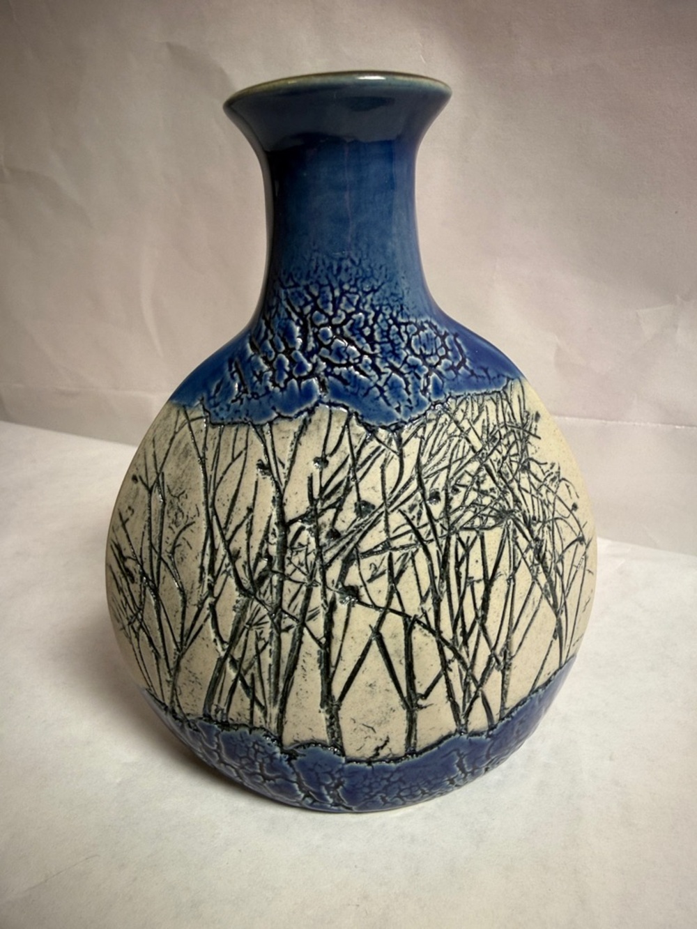 Tenmoku Vintage Sake Bottle 5” Twigs Design Cobalt Blue Hand Made Malaysia
